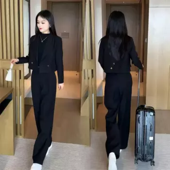 Женский офисный костюм-двойка Insozkdg, комплект из двух предметов, короткий Блейзер с длинным рукавом и длинные брюки с широкими штанинами и высокой талией