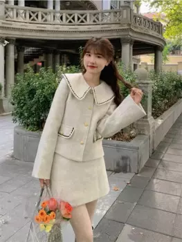 Женский офисный костюм Insozkdg, новый твидовый пиджак с длинным рукавом и юбка, модный костюм с юбкой, осень 2024