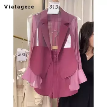 Женский офисный костюм из двух предметов, повседневный свободный блейзер с длинным рукавом и однотонные шорты, роскошный костюм с шортами, лето-осень 2024