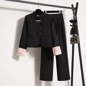Женский офисный костюм из двух предметов, винтажный комплект из двух предметов, короткий Блейзер с длинным рукавом и длинные брюки с широкими штанинами и высокой талией
