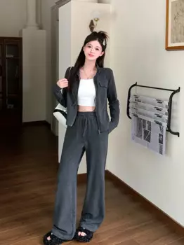 Женский осенне-зимний хлопковый комплект из двух предметов, кардиган с воротником-стойкой, топы и широкие брюки, женский спортивный одинаковый костюм большого размера 3XL