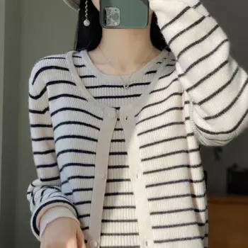 Женский осенне-зимний Кардиган с круглым вырезом, свитер, комплект из двух предметов, Женская шерстяная майка, шерстяная вязаная рубашка, топ в полоску, пальто