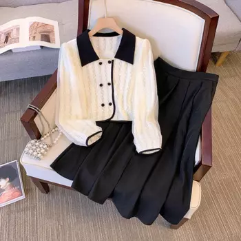 Женский осенне-зимний офисный комплект из двух предметов, облегающий Кардиган с длинным рукавом и юбка, женский элегантный черный кардиган большого размера