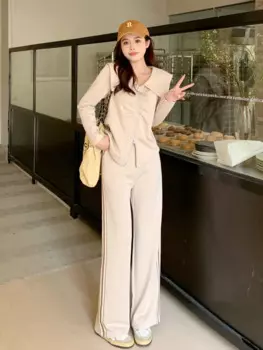 Женский осенне-зимний повседневный комплект из двух предметов, топ с принтом и широкие брюки, Женский костюм большого размера, цвет черный/абрикосовый