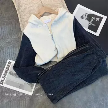 Женский осенне-зимний спортивный костюм из двух предметов, топ с капюшоном и брюки