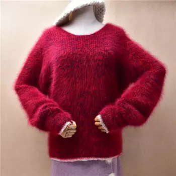Женский осенне-зимний толстый теплый красный волосатый норковый кашемировый вязаный свободный пуловер с круглым вырезом и длинными рукавами, свитер из ангоры, джемпер, топ