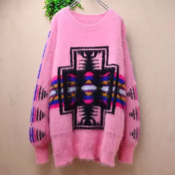 Женский осенне-зимний толстый теплый розовый волосатый норковый кашемировый вязаный свободный пуловер с круглым вырезом и длинными рукавами, свитер, джемпер Pull
