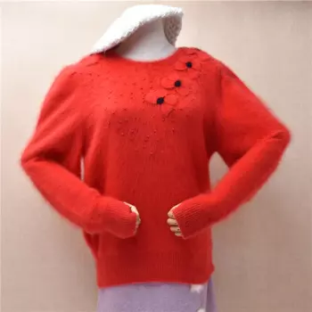 Женский осенне-зимний винтажный красный вышивка бисером ангорская кроличья шерсть вязаный свободный пуловер с длинными рукавами и круглым вырезом