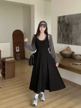 Женский осенне-зимний вязаный комплект из двух предметов, кардиган, топ и платье на бретельках, Женские однотонные повседневные облегающие костюмы больших размеров