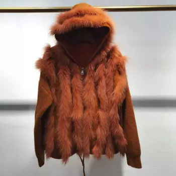 Женский Осенний вязаный кардиган с капюшоном из натурального Лисьего меха