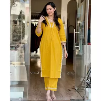 Женский пакистанский желтый хлопковый костюм с принтом, прямая курта с платьем Палаццо