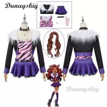 Женский парик Clawdeen Wolf для косплея Monster High, костюм для женщин на Хэллоуин, карнавал, ролевая форма, жемчужное ожерелье, юбка