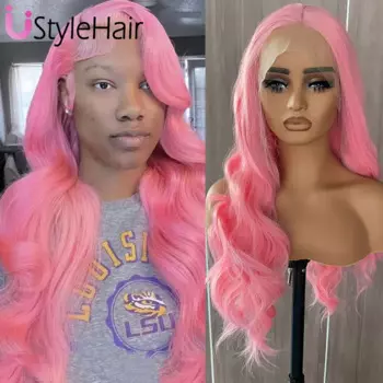 Женский парик UStyleHair розового цвета на сетке спереди, длинный волнистый синтетический парик на сетке, натуральные волосы для ежедневного использования, косплей, волнистые волосы королевы