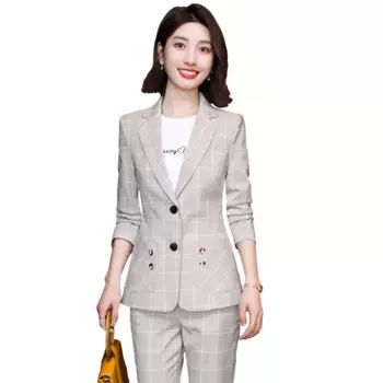 Женский пиджак премиум-класса, брюки, комплект из 2 предметов, новинка 2022 года, весна-осень, элегантный клетчатый женский офисный костюм, куртка, повседневные узкие брюки