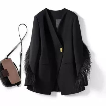 Женский пиджак в европейском стиле на весну и осень, новый пиджак с прострочкой и перьями, яркий Дизайнерский Костюм с топом