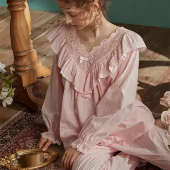 Женский пижамный комплект, женская элегантная одежда для сна, Женская Хлопковая пижама с длинным рукавом, 2 цвета, белый, розовый