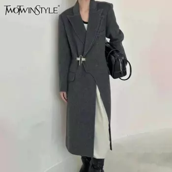 Женский плащ с карманами TWOTWINSTYLE, однотонный Свободный плащ с отложным воротником и длинным рукавом