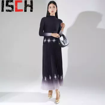 Женский плиссированный комплект с юбкой, повседневный топ и юбка, осенняя Облегающая рубашка с высоким воротником, тонкая футболка с длинным рукавом