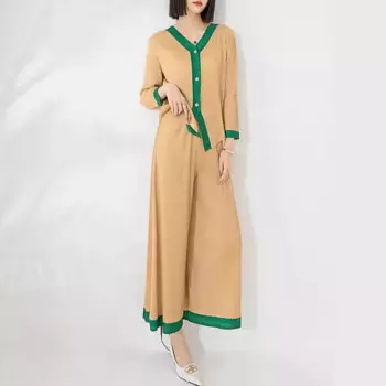 Женский плиссированный костюм, кардиган с V-образным вырезом и прямые широкие брюки, костюм из двух предметов, весна 2024