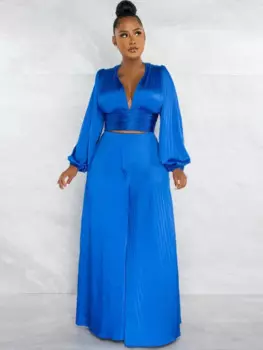 Женский плиссированный костюм KEXU из двух предметов, рубашка с длинным рукавом и глубоким V-образным вырезом, брюки с широкими штанинами, элегантный пикантный праздничный костюм в уличном стиле