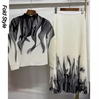 Женский плиссированный костюм миаке, Модный повседневный комплект из двух предметов, футболка с коротким рукавом и длинная юбка