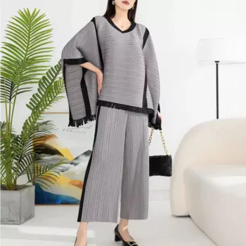 Женский плиссированный костюм миаке, Весенняя накидка контрастных цветов с бахромой и прямыми брюками с высокой талией, 2023