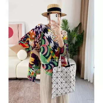 Женский плиссированный топ с принтом, футболка с круглым вырезом и длинным рукавом, свободные тонкие драпированные брюки большого размера с принтом, весна-осень