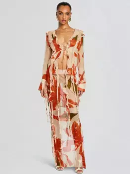 Женский пляжный комплект из 2 предметов с принтом, сексуальный топ с v-образным вырезом и длинными рукавами на шнуровке + макси-юбка с оборками, костюмы для летней вечеринки, праздника