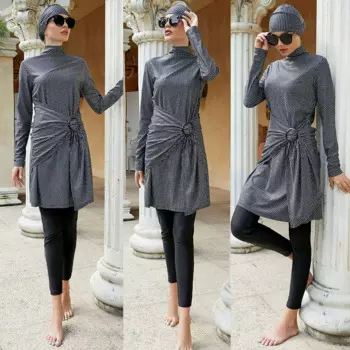 Женский пляжный костюм Burkini, скромные эластичные костюмы из 3 предметов с длинным рукавом и принтом, топы со шнуровкой и брюки, Кепка