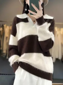 Женский полосатый кашемировый пуловер ANGEL, повседневный кашемировый свитер-поло с V-образным вырезом, Осень-зима 100%