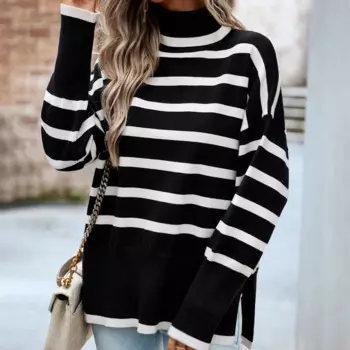 Женский полосатый пуловер с длинным рукавом и блестками