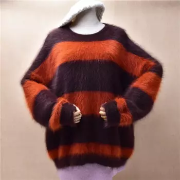 Женский полосатый пушистый кашемировый вязаный пуловер с круглым вырезом и длинными рукавами