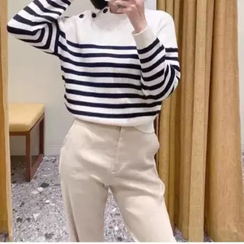 Женский полосатый свитер на пуговицах, повседневный вязаный пуловер с круглым вырезом и длинным рукавом