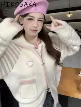 Женский полосатый свитер с вышивкой сердечек, кардиган с отложным воротником, двойной молнией и длинными рукавами, джемпер в стиле Харадзюку, Y2k