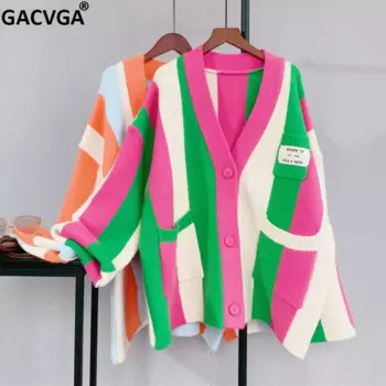 Женский полосатый вязаный кардиган GACVGA, Свободный Повседневный свитер с длинным рукавом, уличная одежда, y2k, Осень-зима 2024