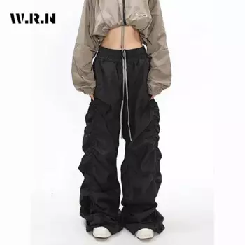 Женский Повседневный Комбинезон, однотонные свободные брюки с широкими штанинами в американском стиле ретро, черные брюки-карго большого размера с кулиской, Y2k