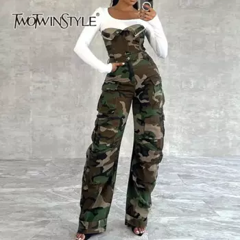 Женский Повседневный Комбинезон TWOTWINSTYLE, черный камуфляжный комбинезон без рукавов, с высокой талией и карманами,