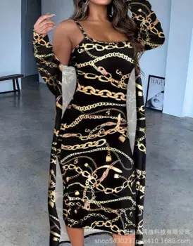 Женский Повседневный комплект из двух предметов, яркое облегающее платье миди на бретелях с контрастным принтом и U-образным вырезом и Кардиган с длинным рукавом