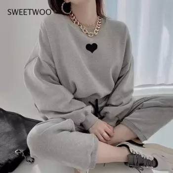 Женский повседневный комплект одежды, Модный пуловер в стиле Харадзюку, укороченный топ, толстовка, длинные спортивные свитшоты и штаны, Женский костюм с толстовкой