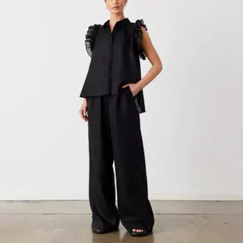 Женский Повседневный костюм из 2 предметов, черный однобортный комплект из рубашки без рукавов и брюк с широкими штанинами, Элегантные Простые Модные костюмы с брюками для лета