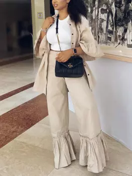 Женский Повседневный костюм из 2 предметов, кардиган на пуговицах с рукавами с оборками и расклешенные брюки с карманами, костюм свободного покроя, лето 3/4