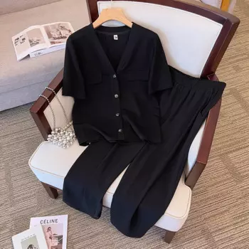 Женский Повседневный костюм из двух предметов, кардиган с V-образным вырезом и брюки, элегантный черный/хаки/розовый костюм большого размера, на лето