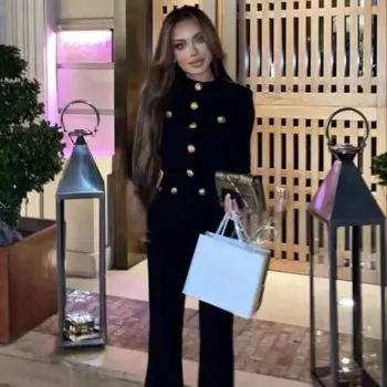 Женский Повседневный облегающий костюм, черный клубный комплект из двух предметов, пикантный жакет на пуговицах с длинным рукавом и длинные брюки с круглым вырезом для вечеринки и осени