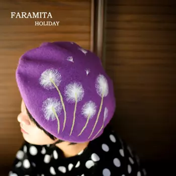 Женский праздничный берет Faramita с изображением фиолетового одуванчика, романтический берет из шерсти ручной работы с изображением одуванчика, оригинальная декоративная шапка, новинка, береты для девочек