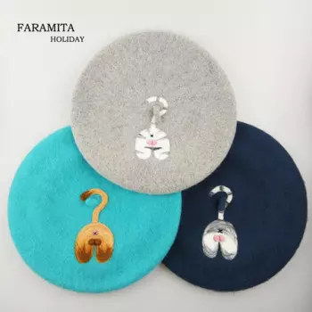 Женский праздничный берет Faramita в виде кошки, персиковый берет ручной работы с ягодицами, брендовый дизайнерский детский берет с мультяшным рисунком для осени и зимы