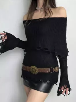 Женский прозрачный свитер с открытыми плечами, трикотажный облегающий пуловер с рукавами-фонариками и вырезом лодочкой, Y2k