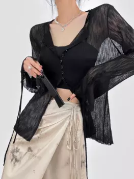 Женский пуговичный топ с расклешенным рукавом, черный прозрачный вязаный кардиган с высокой текстурой