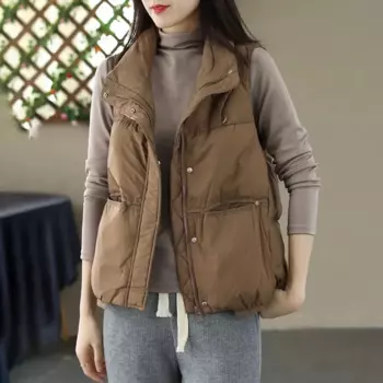 Женский пуховой жилет, зимнее пальто без рукавов, Женский утепленный короткий жилет на пуговицах с воротником-стойкой