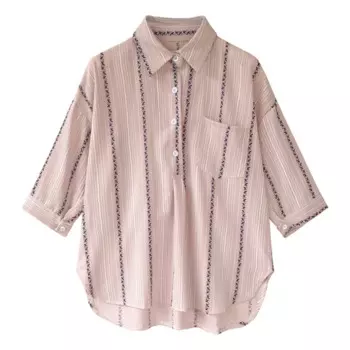 Женский пуловер большого размера, свободная блузка в полоску, с отложным воротником и рукавом семь точек, однотонная Осенняя Повседневная Свободная рубашка с одной пряжкой