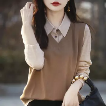 Женский пуловер с длинным рукавом и круглым вырезом